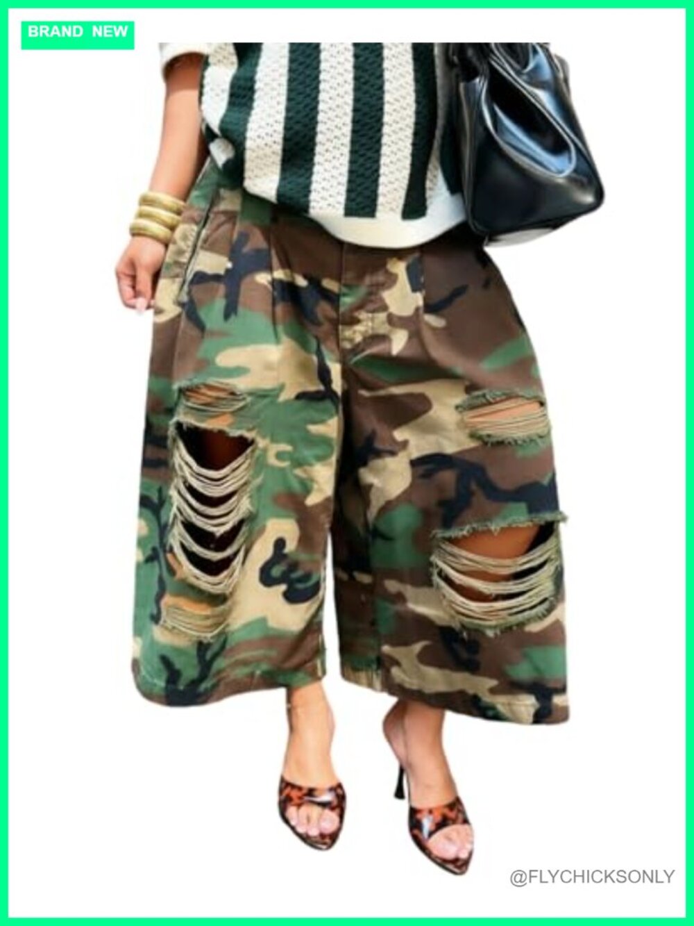 High Waisted Ripped Camo Wide Leg Cropped Capri Pants Pleated Baggy